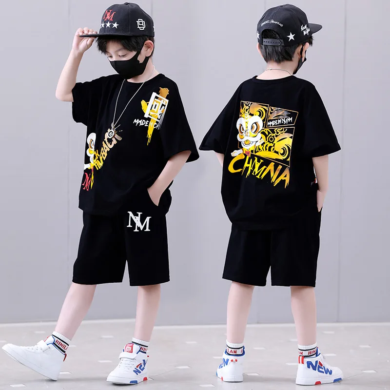 

Boys Summer Suit Black Cartoon Chinese Kids Short Sleeve T-shirt +shorts 2pc Sports Casual Outfits for Teenage Boy Clothing Sets