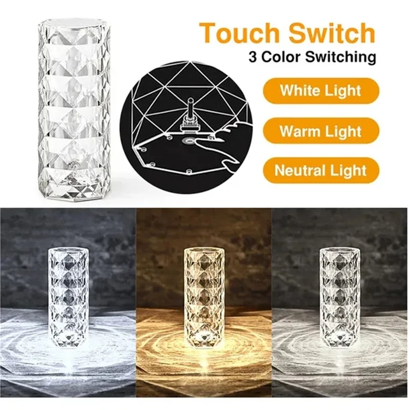 LED Crystal Table Lamp Rose Lamp Projector 3/16 Color Touch Adjustable Romantic Diamond Atmosphere USB Touch Night Light