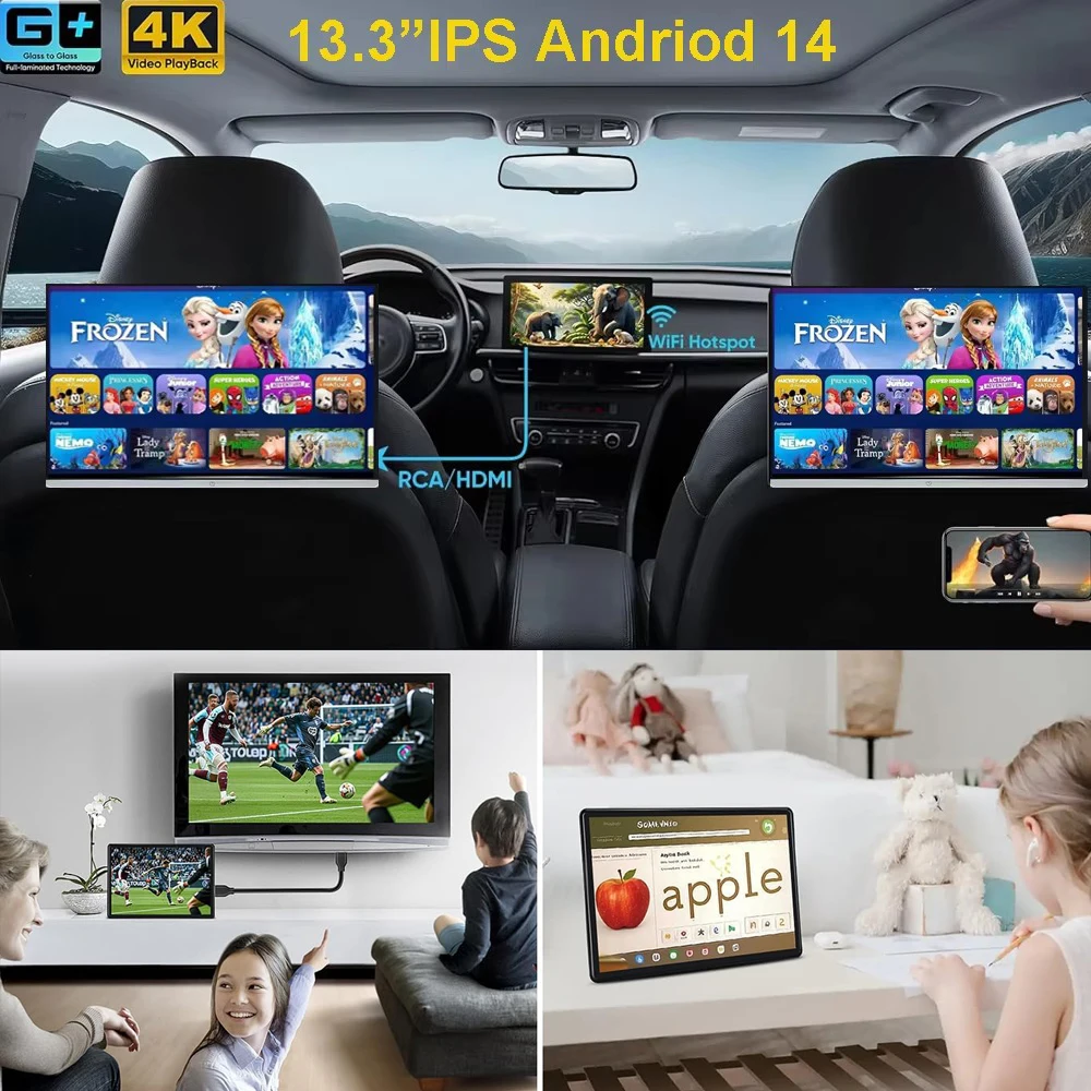 13.3 inch Anidrod Car Headrest Monitor Android 14 Tablet PC 4K 1080P ...