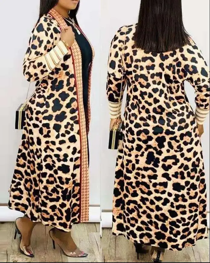 Women's Autumn and Winter Warm and Fashionable Lightweight Luxury Plus Size Leopard Print Open Front Long Vacation European Coat