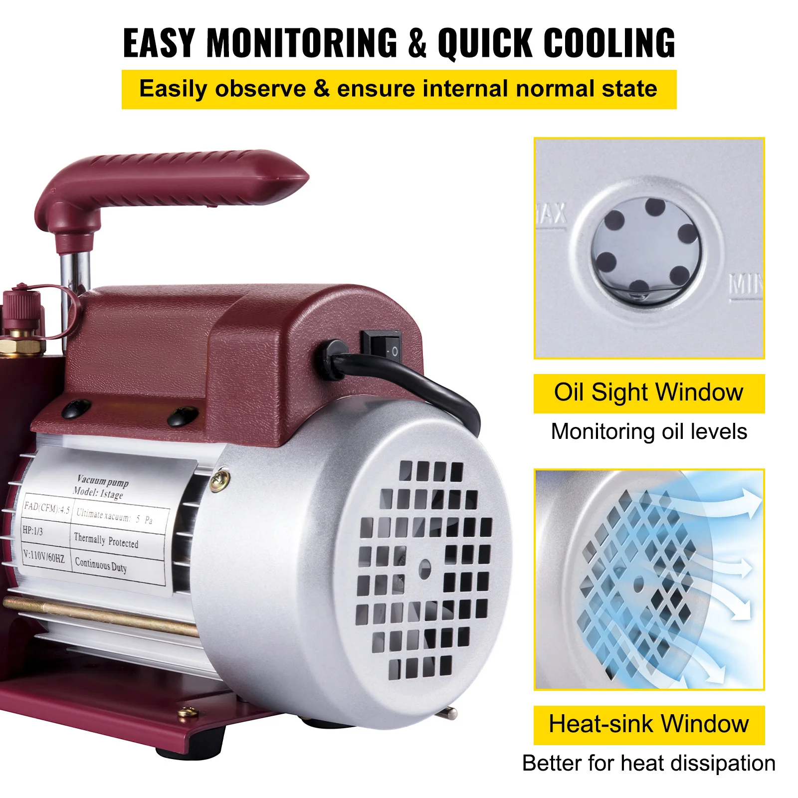 SucceBuy 4.5CFM 1/3HP  HVAC Refrigerant Vacuum Pump Refrigeration Single-Stage Set for Household Air Conditioning Vacuum Packing