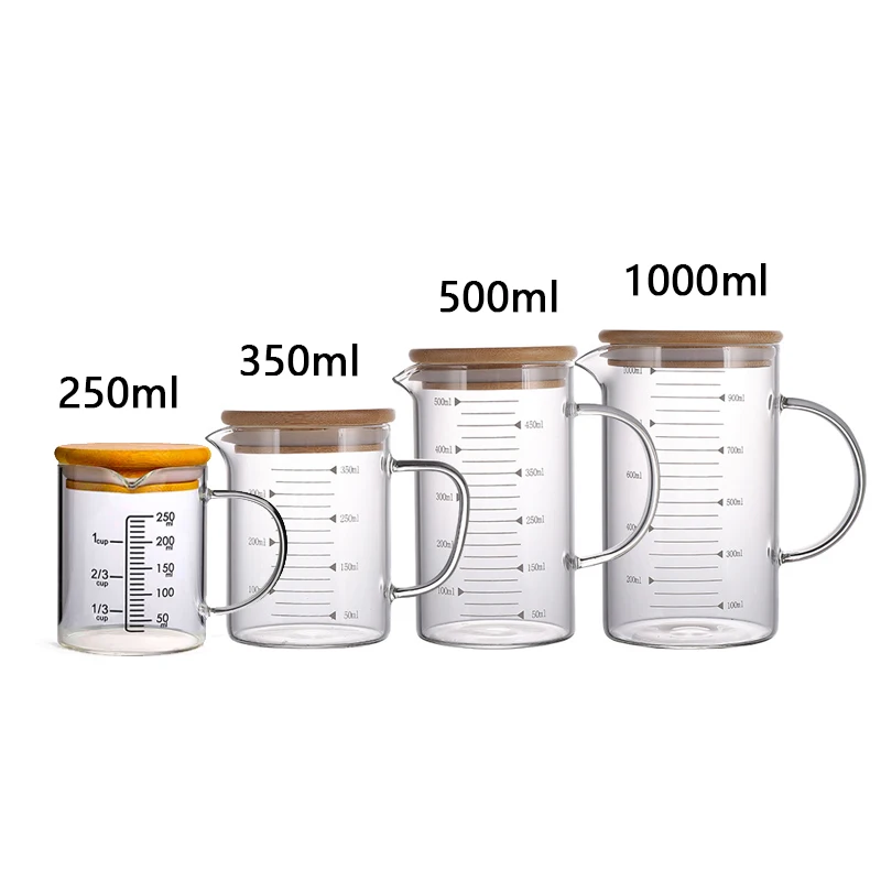 Misurino in vetro, 250 ml, resistente al calore, in borosilicato, trasparente, con coperchio e misurino in scala per microonde, tè, caffè, whisky, latte (250 ml