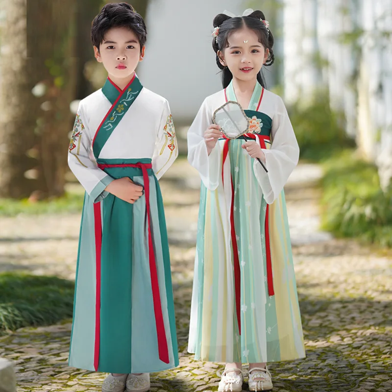

Традиционное китайское платье Hanfu для мальчиков и девочек, школьная одежда в стиле древнего детского представления, для студентов, красное современное детское платье Hanfu
