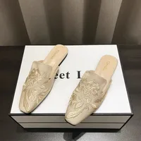 Women's Mules Slippers Summer Footwear Flats Retro Chinese Style Flowers Elegant Dress Low Heel Sandals Designer Slides on sales - Image 2