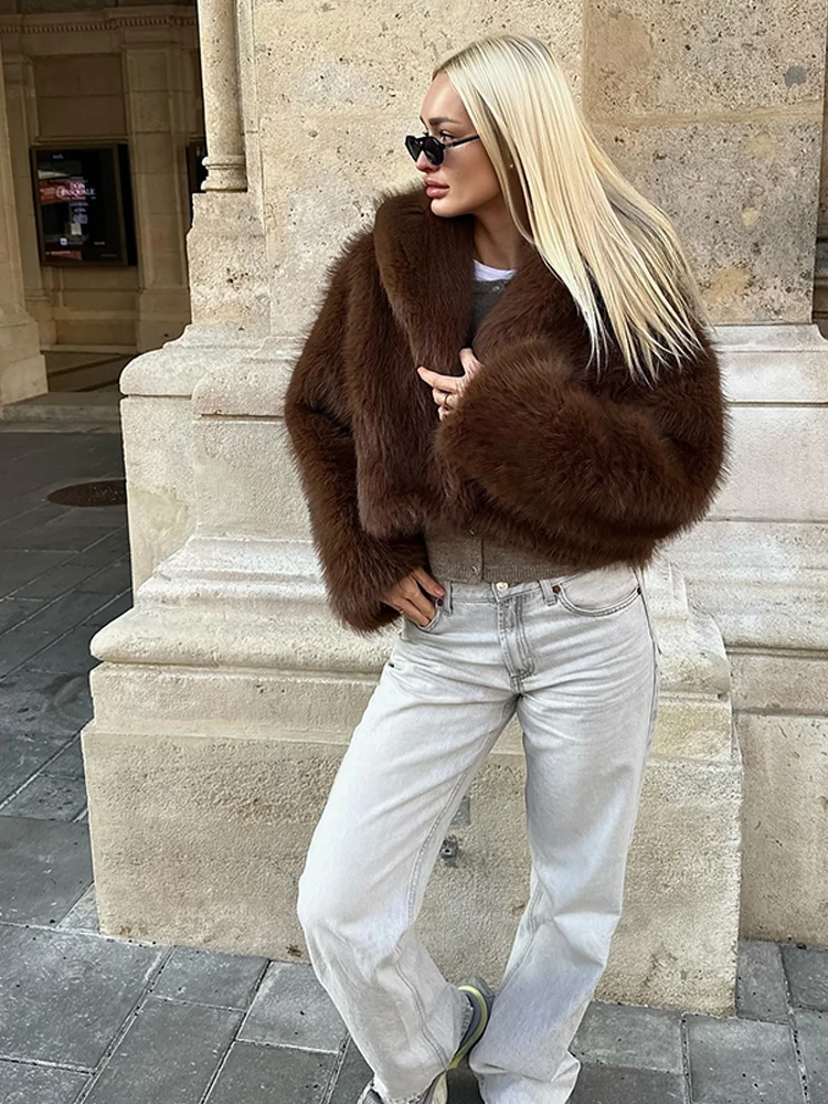 Luxury Lapel Faux Fur Short Coat For Women Casual Fluffy Full Sleeve Warm Female Jacket Autumn Winter Lady Commuter Outerwears﻿ 2