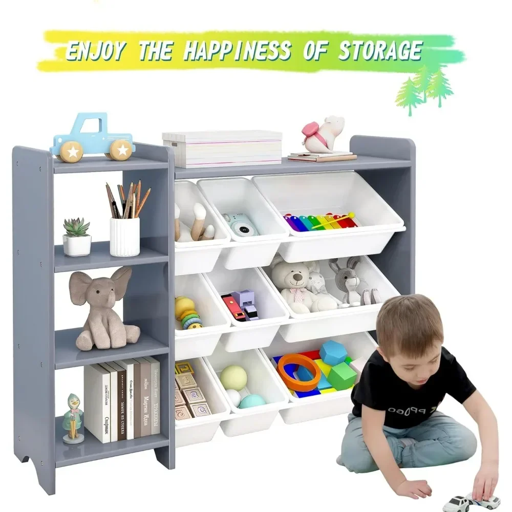 Children's bookshelf,4-layer children's toy storage rack-100% solid wood children's storage cabinet,equipped with 9plastic boxes 6