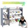 Children's bookshelf,4-layer children's toy storage rack-100% solid wood children's storage cabinet,equipped with 9plastic boxes 6