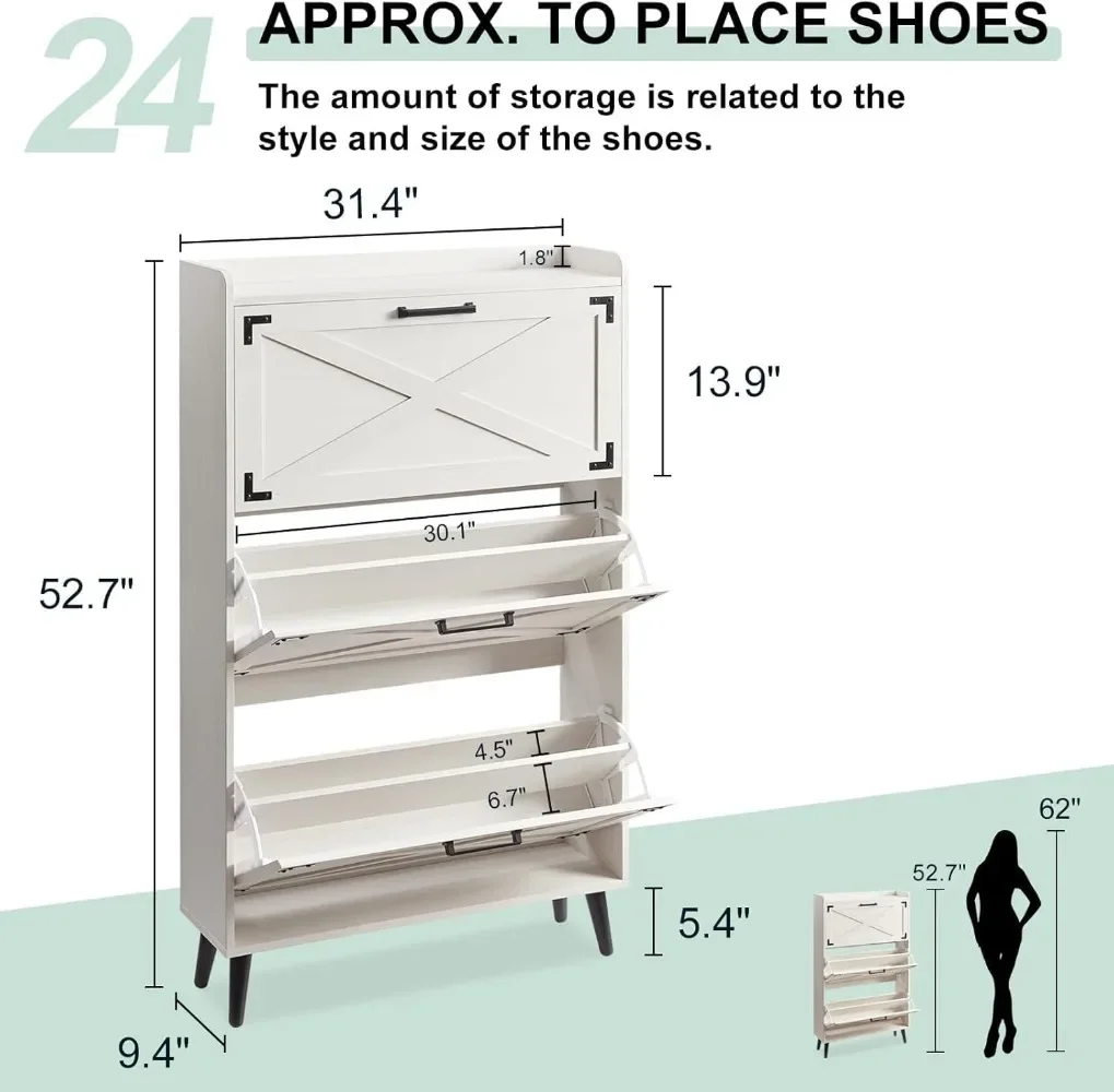 Shoe Cabinet, Freestanding Hidden Shoes Organizer with 3 Flip Drawers & Barn Door Design, for Entryway,Foyer,Hallway, Shoe Rack 2
