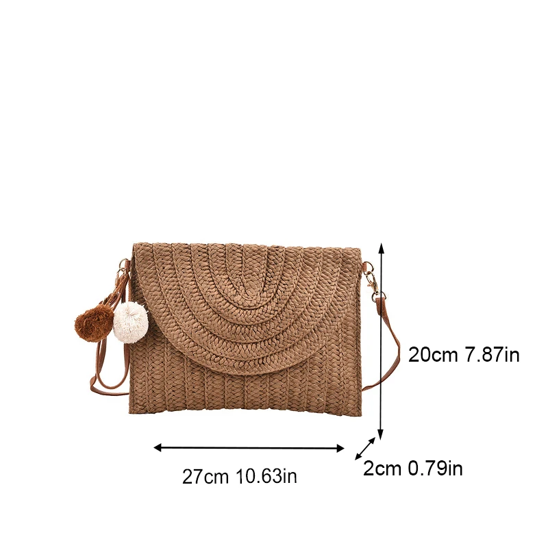 Handmade Straw Beach Shoulder Crossbody Bag Girls Envelope Woven Summer Small Hair Ball Cluth