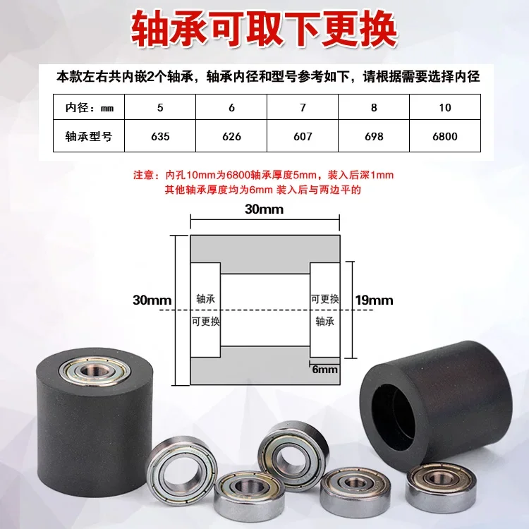 1pcs Bore 5/6/7/ 8/10mm PU polyurethane Roller With double Bearing Mute flat guide wheel Diameter 30MM Length 30mm pu roller