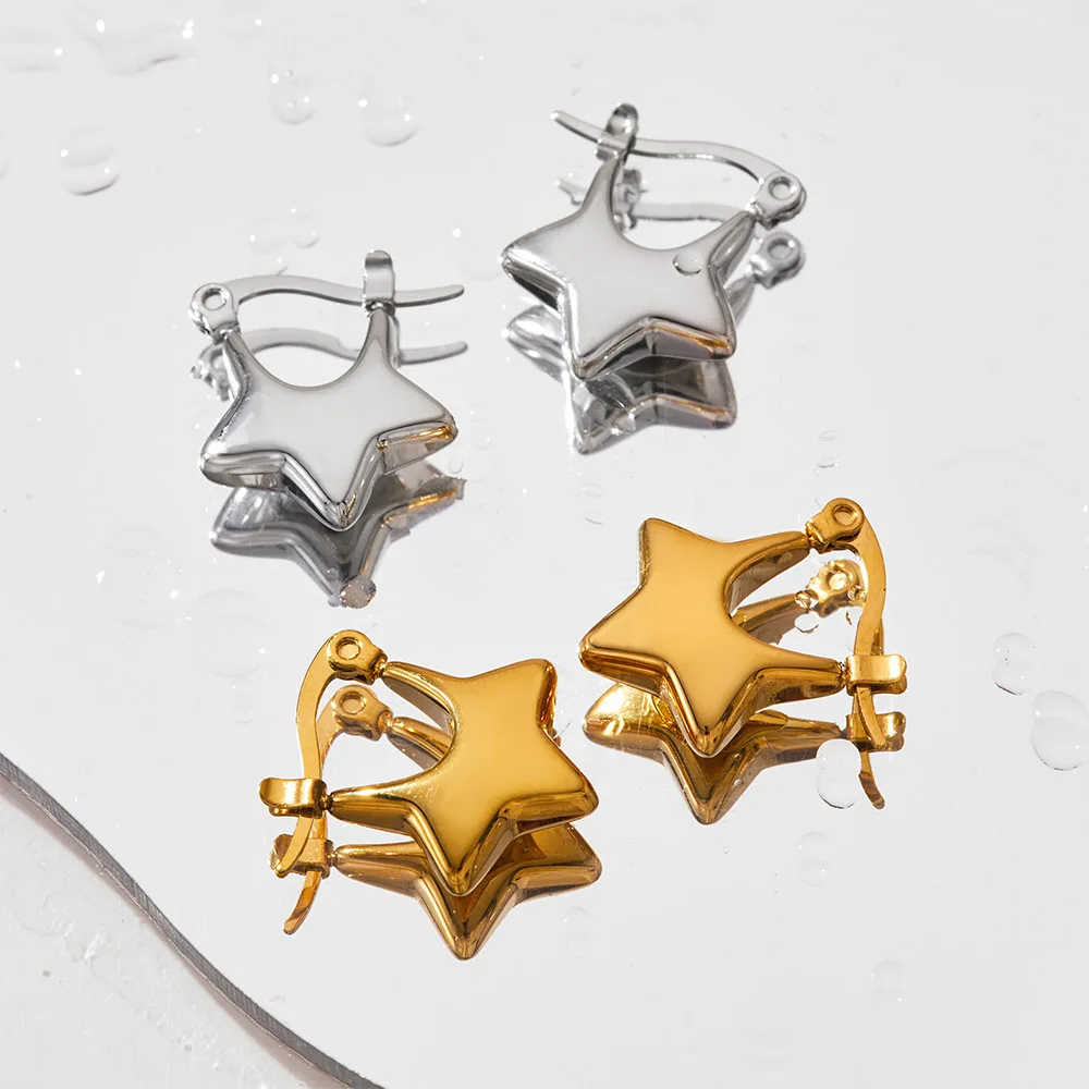 High Quality 316L Stainless Steel Thick Star Hoop Earrings Stylish 18K Gold Plated Rust Proof Jewelry for Women Waterproof Aros