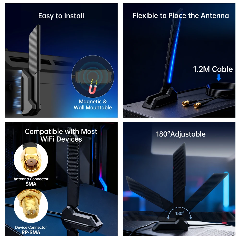 외부 접이식 WiFi 안테나 WiFi 6E 2.4G/5G/6G 12DBi PCIE 어댑터용 자기 고이득 신호 수신기