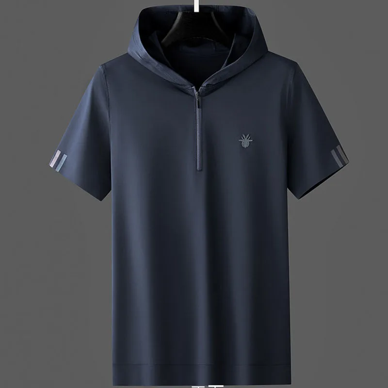 Summer Cool high stretch breathable silk sliver hooded short sleeved two-piece men's Fashion Ice Silk Sports casual suit