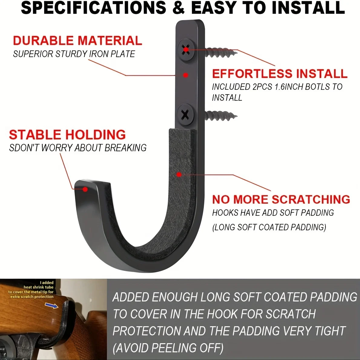 Deluxe Gun Rack Wall Mount with Soft-Padded Hooks for Rifles, Shotguns, and Archery Bows