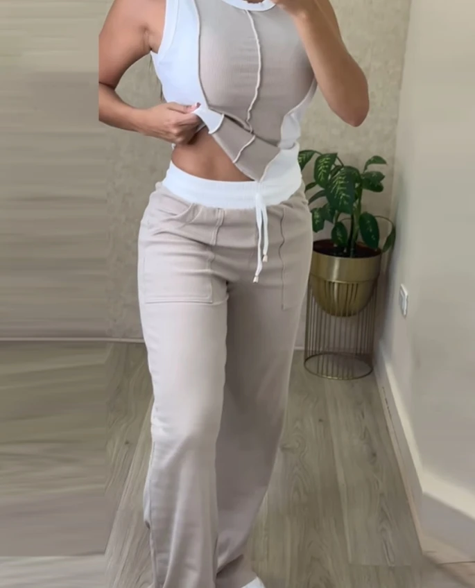 Women's Casual Set 2024 Summer Color Blocking O-Neck Sleeveless Vest and Drawstring High Waist Pocket Design Pants Two-Piece Set