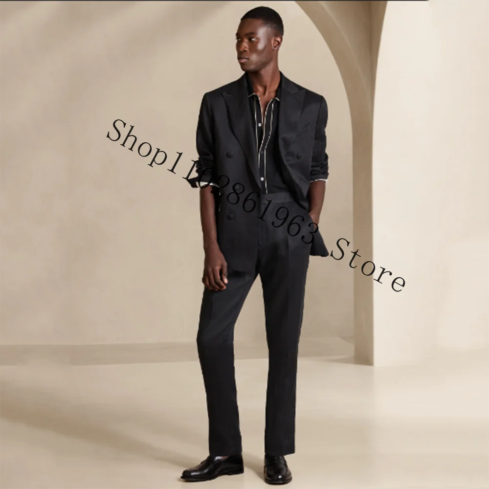 Black Double Breasted Men Suits Blazer Pants 2 Pieces Male Suits Formal Groomsmen Bridegroom Wedding Tuxedos Trajes De Hombre