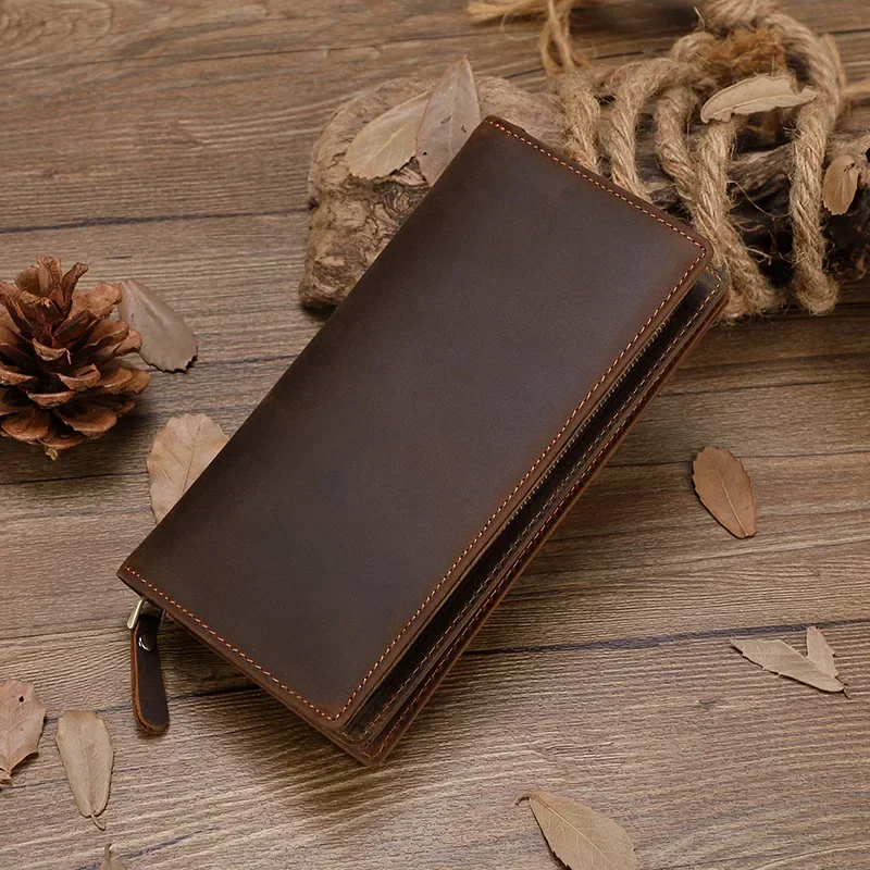 Crazy Horse Leather Long Wallet for Men, Zipper Closure with Multiple Card Slots