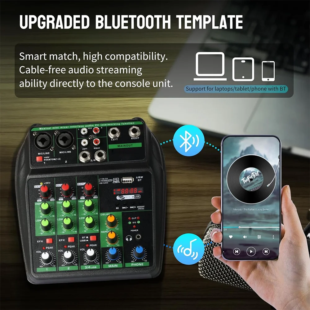Portable 4 channel audio mixer Recording Sound Console Mixing card With BT 48V USB interface for DJ Karaoke PC MP3 microphone