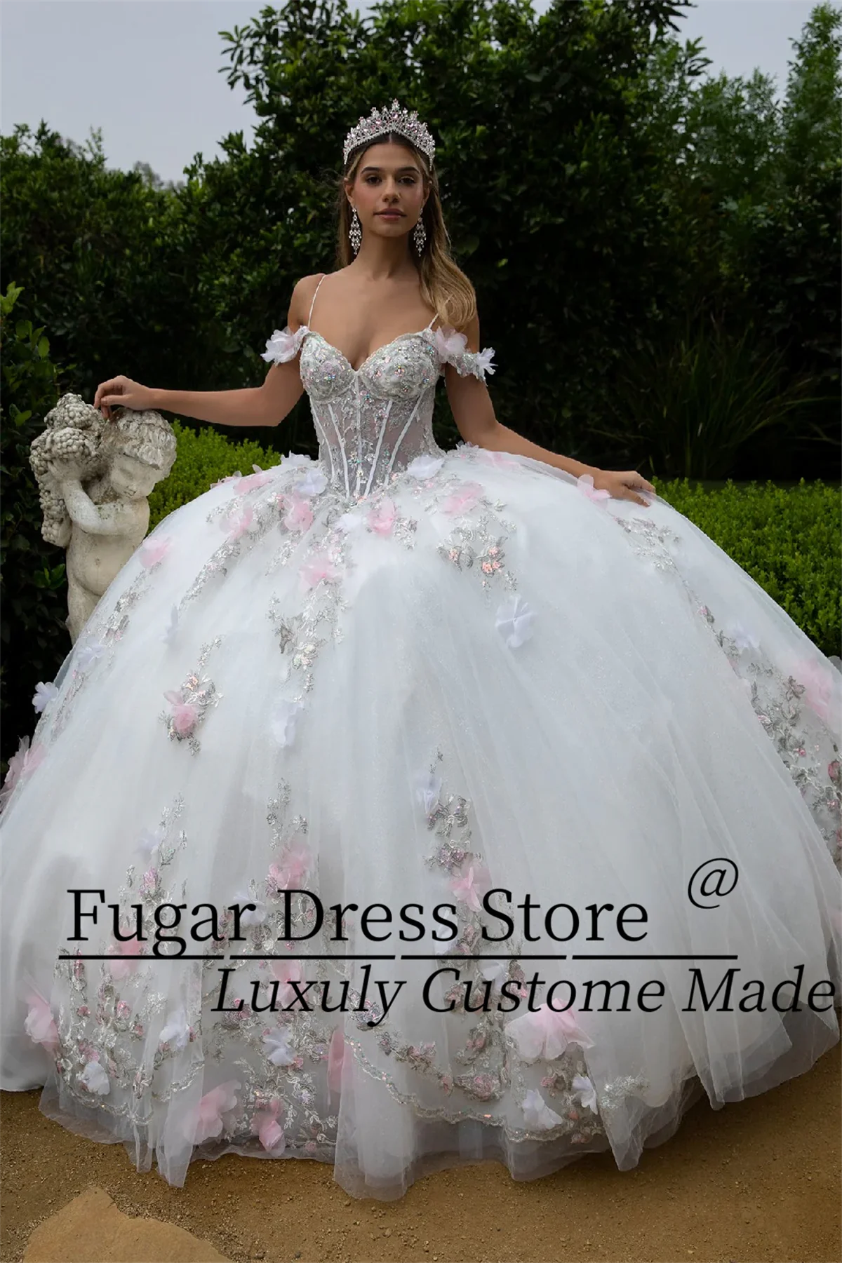 French Off White Quinceanera Dresses 3D floral decal long off shoulder dress paired with A-line skirt Customize