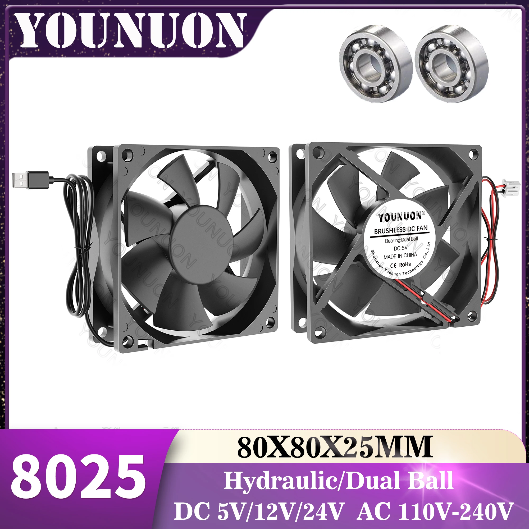 YOUNUN 80mm 8025 80X80X25MM Cooling Fan 5V/12V/24V DC Brushless Cooling Cooler Fan 8025 Sleeve&Dual Ball Bearing Axial Fan