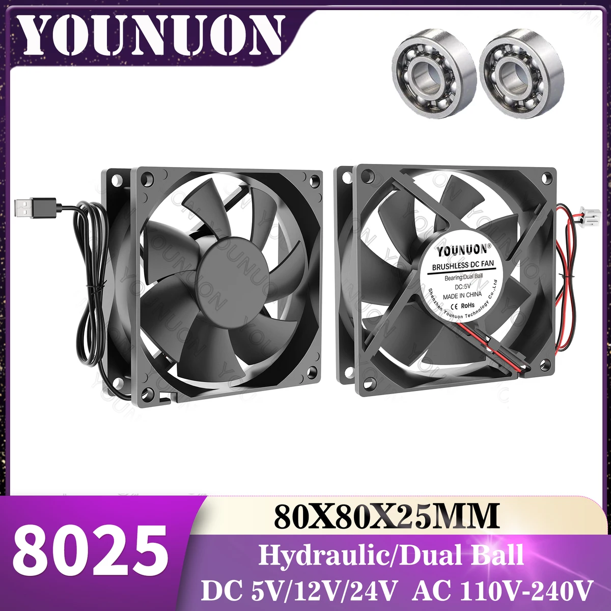 YOUNUN 80mm 8025 80X80X25MM Cooling Fan 5V/12V/24V DC Brushless Cooling Cooler Fan 8025 Sleeve&Dual Ball Bearing Axial Fan