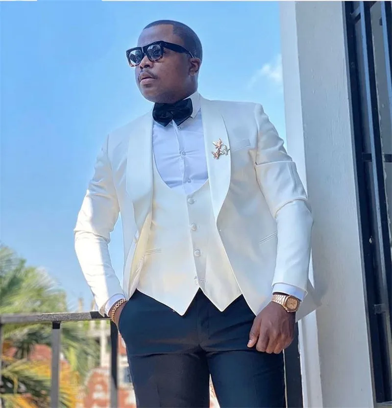

White Wedding Suits for Men 3 Pieces Shawl Lapel Costume Mariage Homme African Blazer Jacket Tuxedos Groom Wear Coat Vest Pant