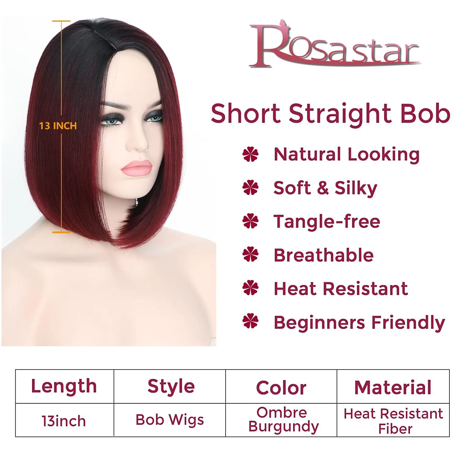 Synthetic Short Ombre Dark Root to Wine Red  Straight 13.5Inch Bob Hair Wig for Women Natural Looking Daily Use or Cosplay Wig