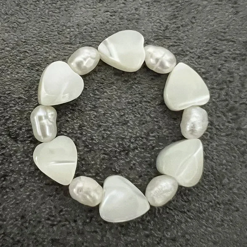 Elegant Freshwater Pearl & Stainless Steel Bead Stretch Ring for Women - Star & Heart Design, Perfect for Weddings & Special Occasions