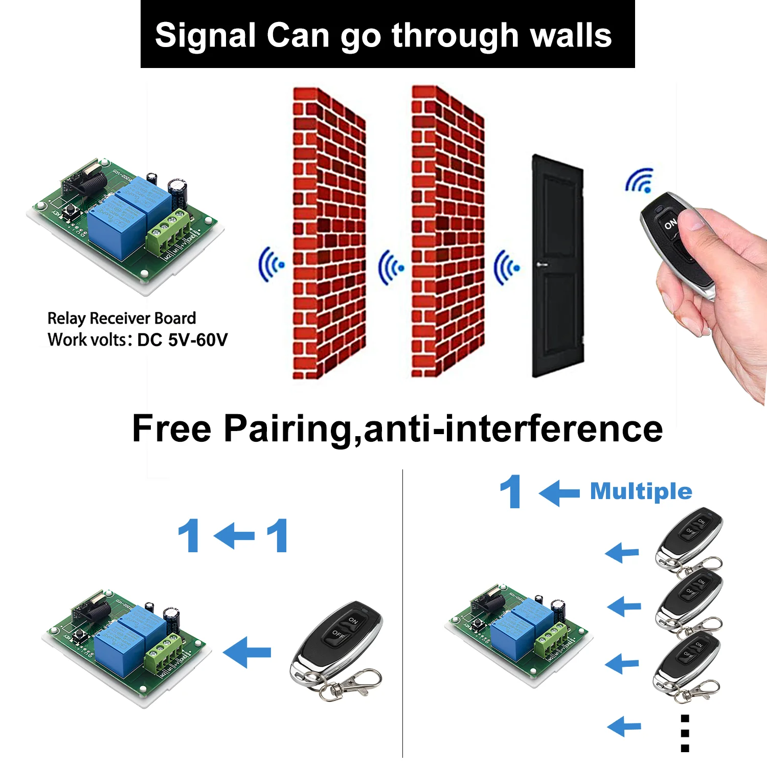 QIACHIP 433Mhz DC 5V-60V 2CH Universal Wireless Remote