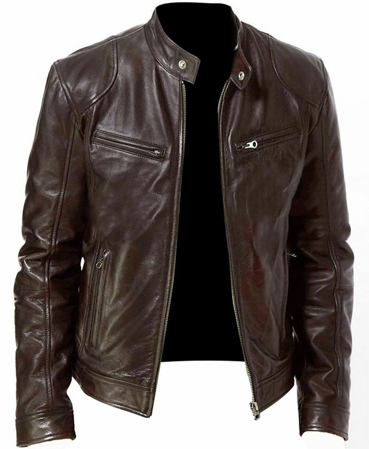 Winter warmth button fashionable and domineering motorcycle men's multi pocket PU stand collar zipper cardigan leather jacket
