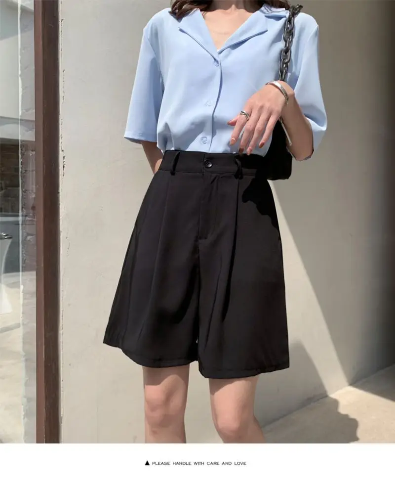 High Waist Straight Solid Blue Color Casual Suit Women's Shorts Clothing 2022 Summer Korean Style Shorts Woman Clothes dolphin shorts