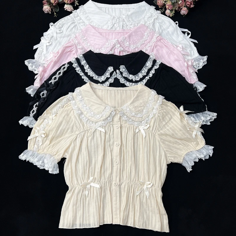 

Sweet Lolita Blouse Girly Japan Kawaii Bow Lace Peter Pan Collar Short Sleeve Shirts Women White High Waist Slim Inside Blouses