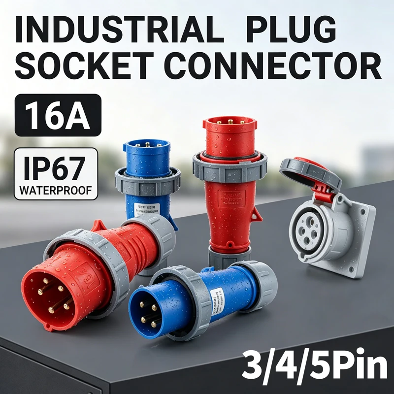 IP67 16A Waterproof Industrial Plug Socket – 3/4/5 Pin 220V/380V, Male & Female with Copper Contacts, Surface or Flush Mount 1