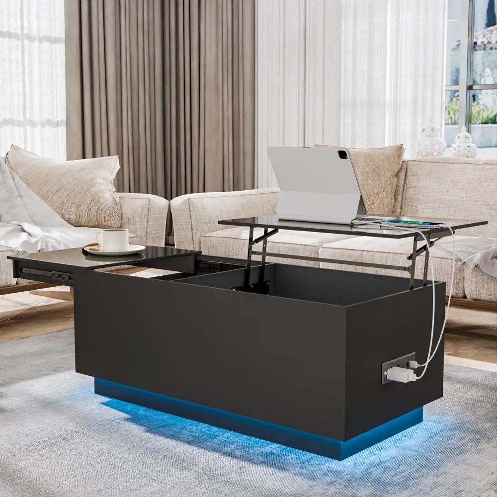 Lift Top Coffee Table with USB Ports LED Lights Storage Drawer Modern Design Rectangular Center Table Adjustable Height Indoor 2
