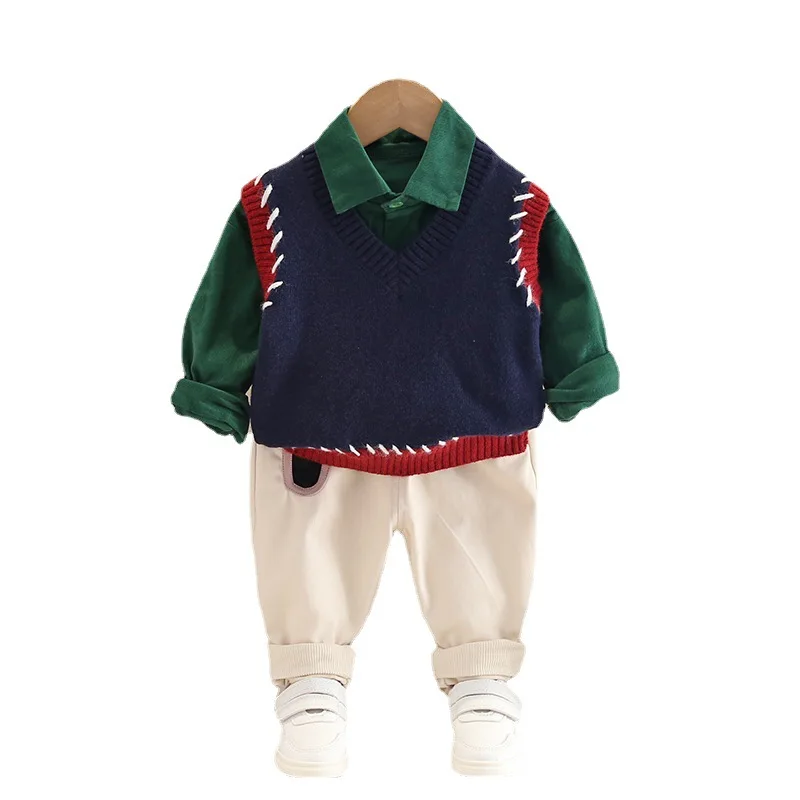 

Boys' and Girls' Clothing Set Color Contrast V-neck Cotton Knitted Vest+T-shirt+Pant Bag 3PK/Set Children's Clothing Casual Set