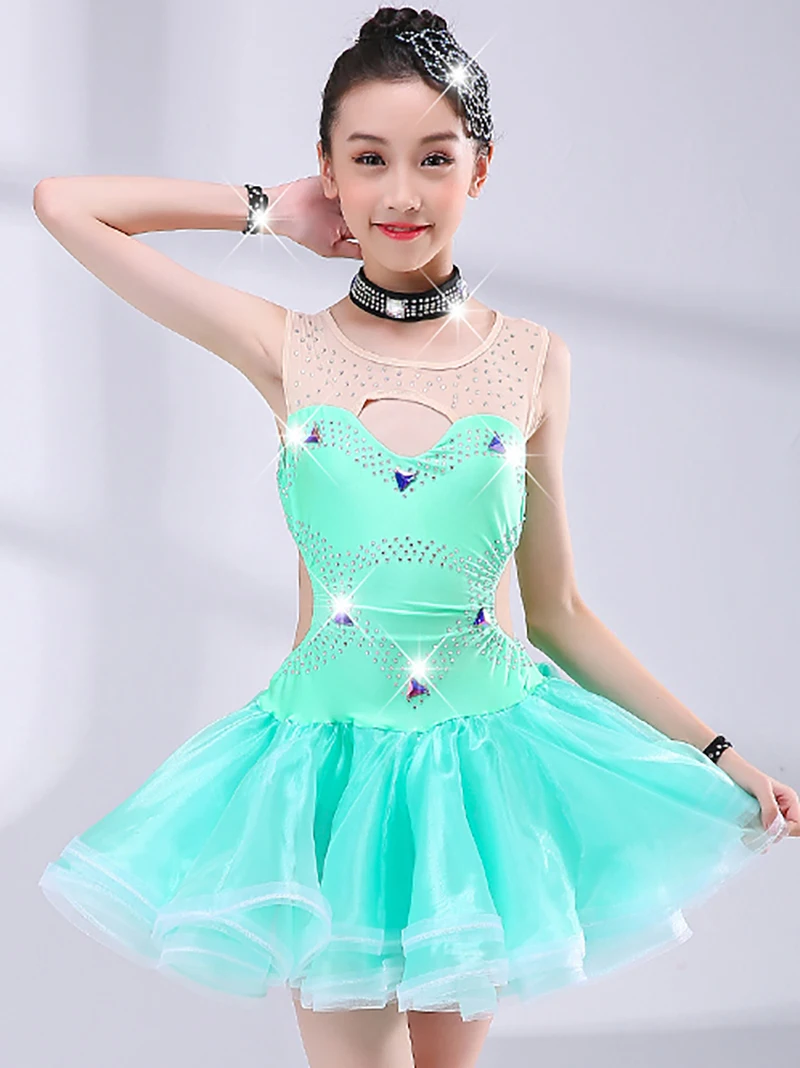 

Girls Jazz Dancewear Costume Kids Tassels Modern Latin Diamond Sequined Ballroom Party Dancing Dress Children Tutu Dress Clothes