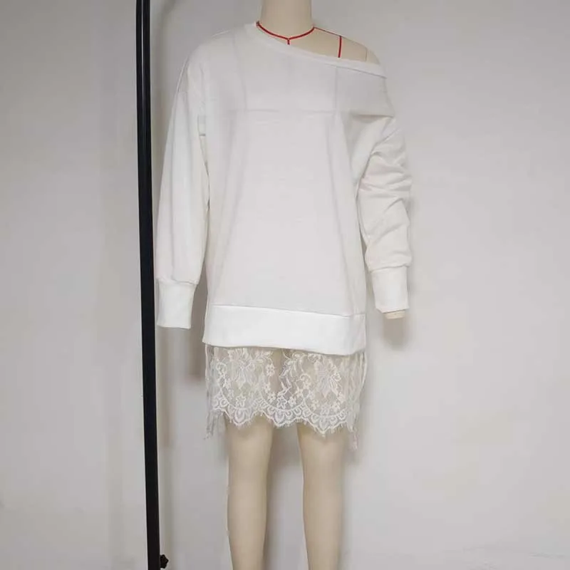Spring Autumn New Fashion Lace Trim Pullover Sweatshirt Women's Loose Casual Split Hem Longline