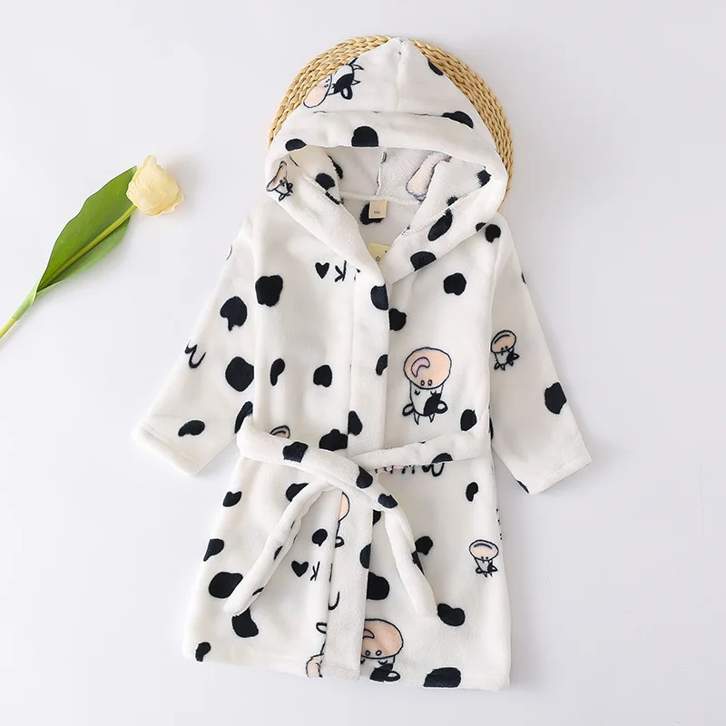 Children Flannel Pajamas Thickened Warm Bathrobe Boy Robe Cartoon Hooded Girls Long-Sleeved Nightwear Sleepwear