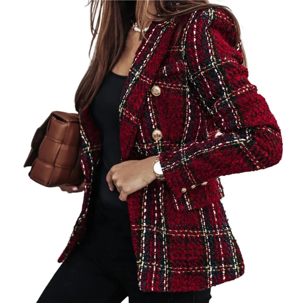 

Winter Coat Plaid Print Autumn Blazer Buttons Formal Lady Blazer