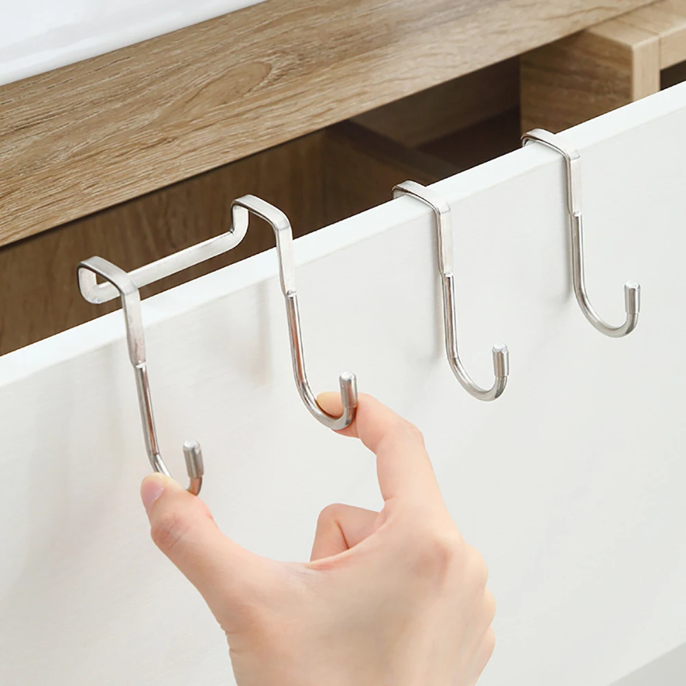 2PCS Stainless Steel Hook Free Punching Double S-Shape Hook Kitchen Bathroom Cabinet Door Back Type Coat Towel Storage Hanger