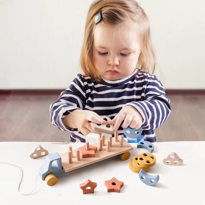 Wooden Baby Toy  Wooden Trailer  Babies Learn Cognitive Toy  Hand And Foot Coordination Toy  Color Recognition Toy  Silicone Toy 5