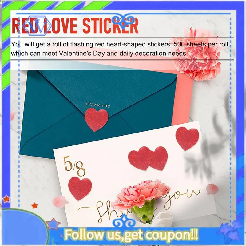 Easy To Use Valentine's Day Glitter Heart Stickers,Red Heart Stickers Roll,Heart Labels For Anniversaries Wedding(500Pcs/Roll)