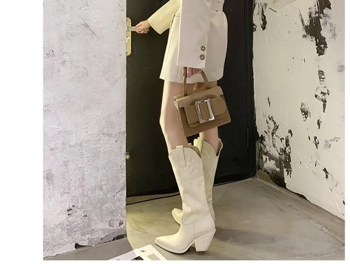 New Fashion Women's Leather Boots Retro Belt Buckle Mid Calf Boots  Spring Water Pointed toe shoes Casual Boots Women Boots