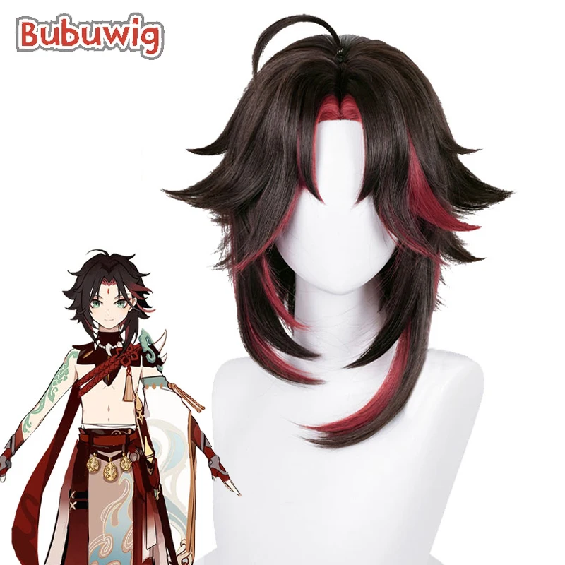 

Bubuwig Synthetic Hair Xiao Cosplay Wigs Genshin Impact Xiao 35cm Short Straight Black Mixed Dark Red Party Wig Heat Resistant