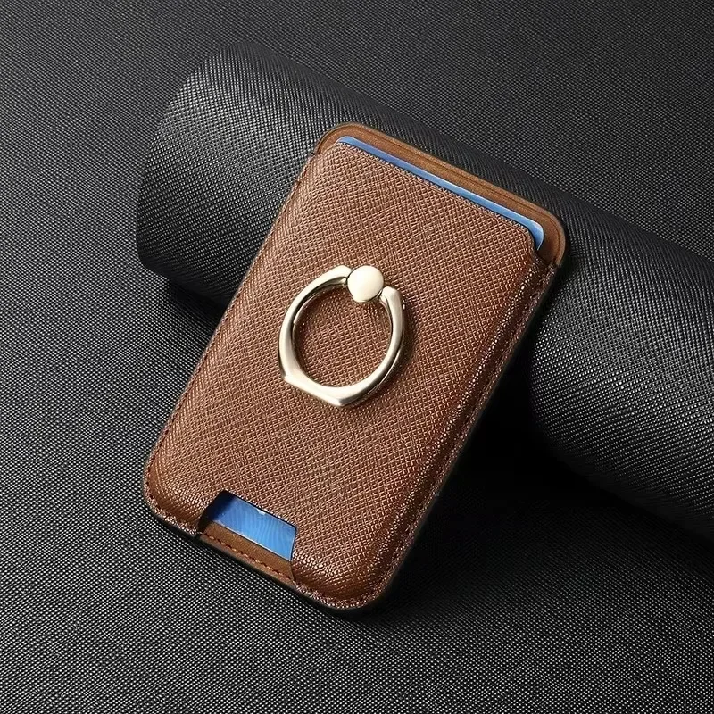 Leather Magnetic Card Holder Wallet with Finger Ring Stand