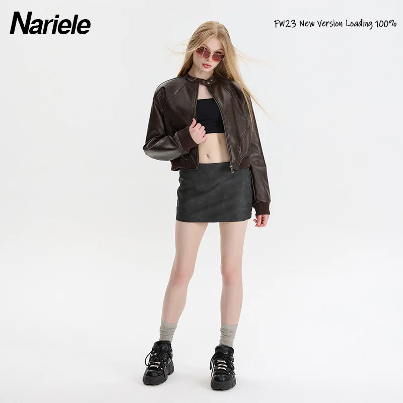 Leather Jacket Female American Standing Neck Long Sleeve Short PU Leather Short Coat Jacket Baseball Coat Zipper Top Women