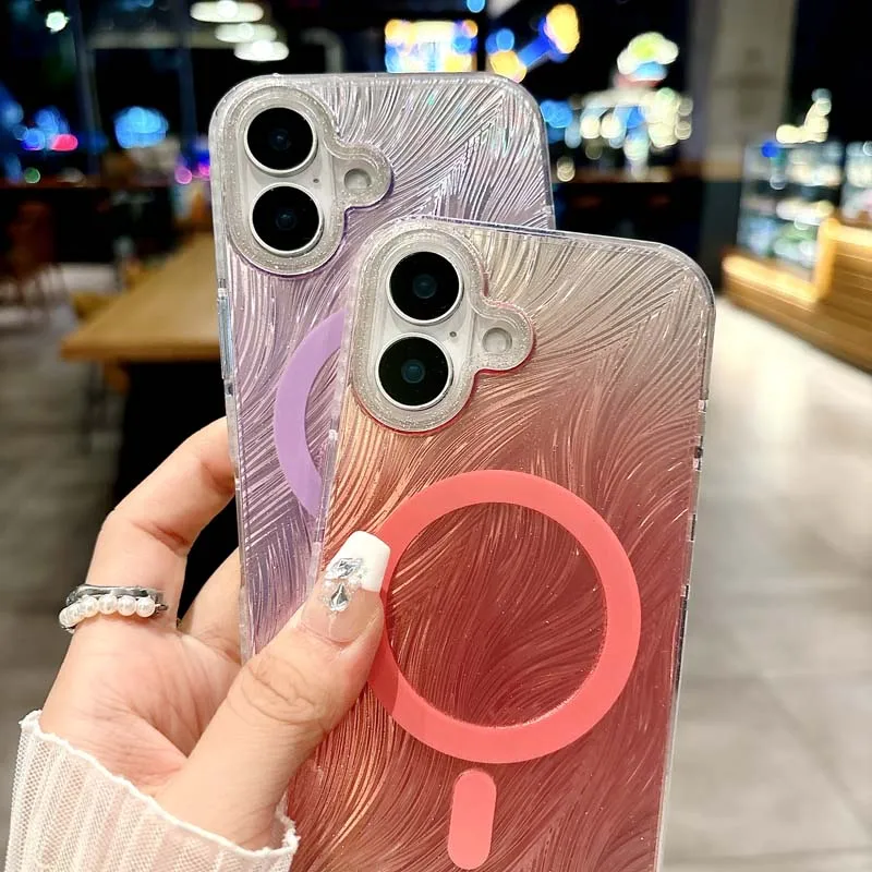 Luxury Gradient Laser Feather Yarn Diamond Phone Case for Case for IPhone 16 15 14 13 Pro Max 16pro Glitter Magnetic Cover_voghion.com