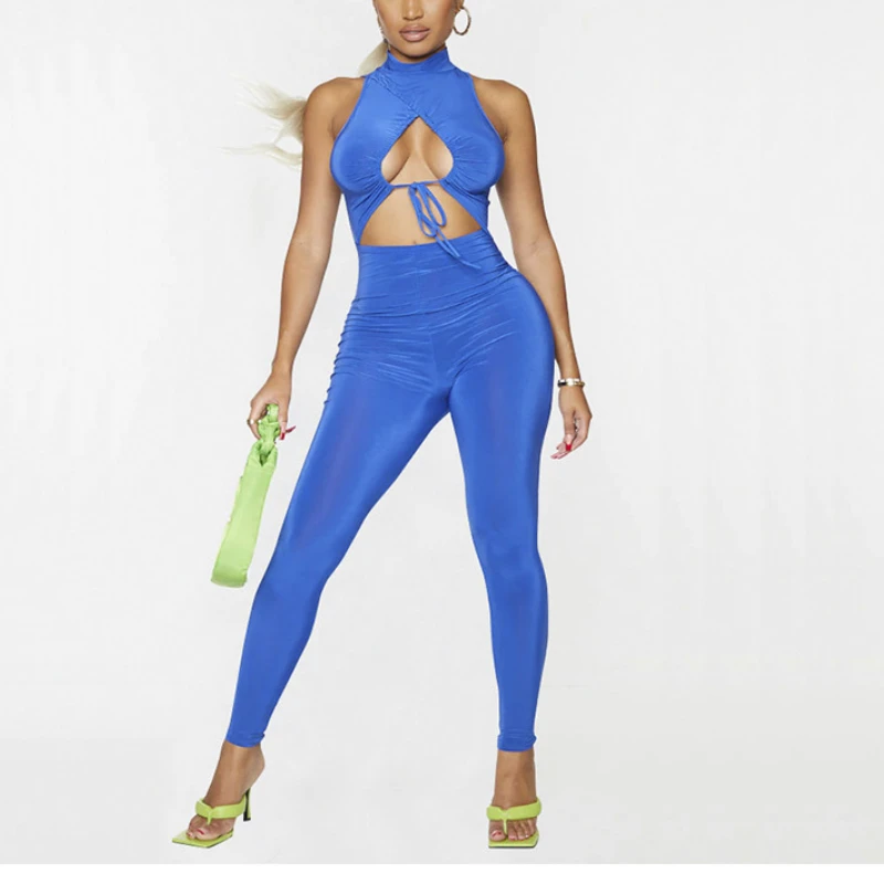 

Mikydely Sexy Hollow-Out Design Jumpsuit Solid Color Lace-Up Bodysuit