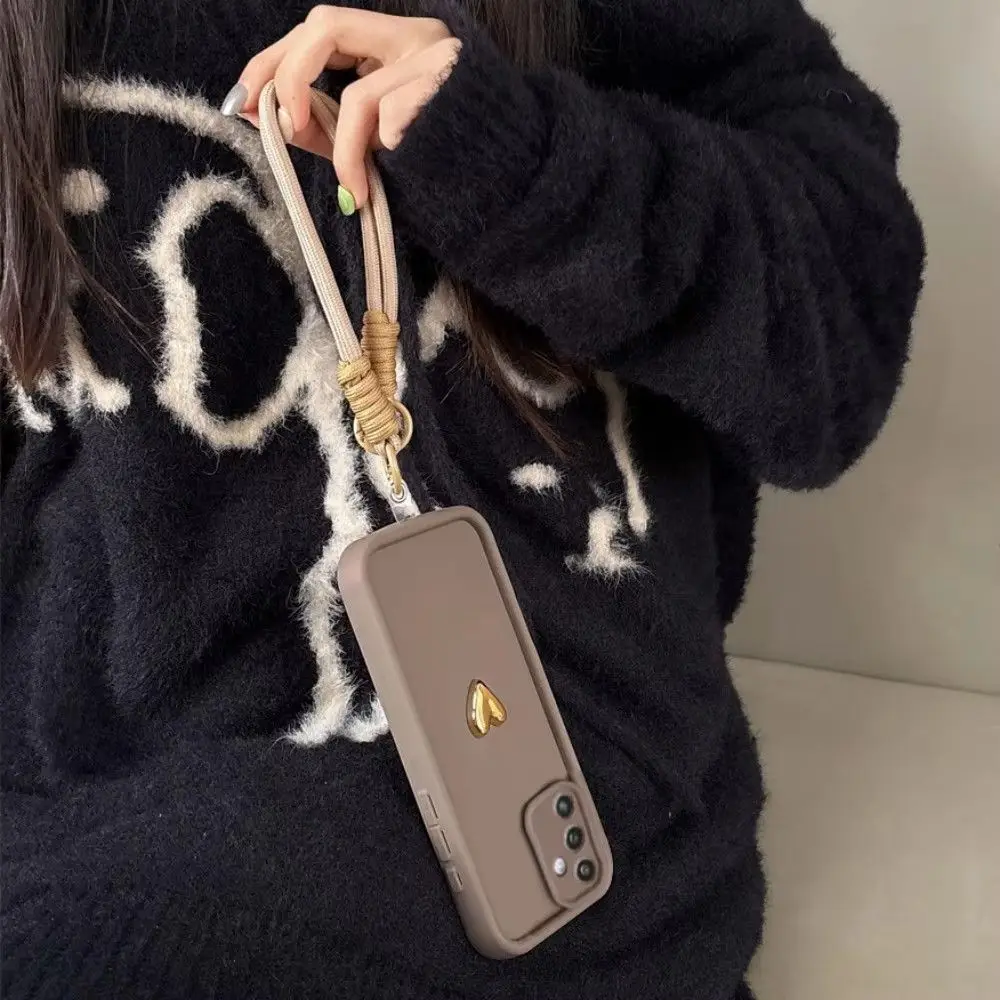 3D Gold Heart Silicone Phone Case with Lanyard - Soft Cover
