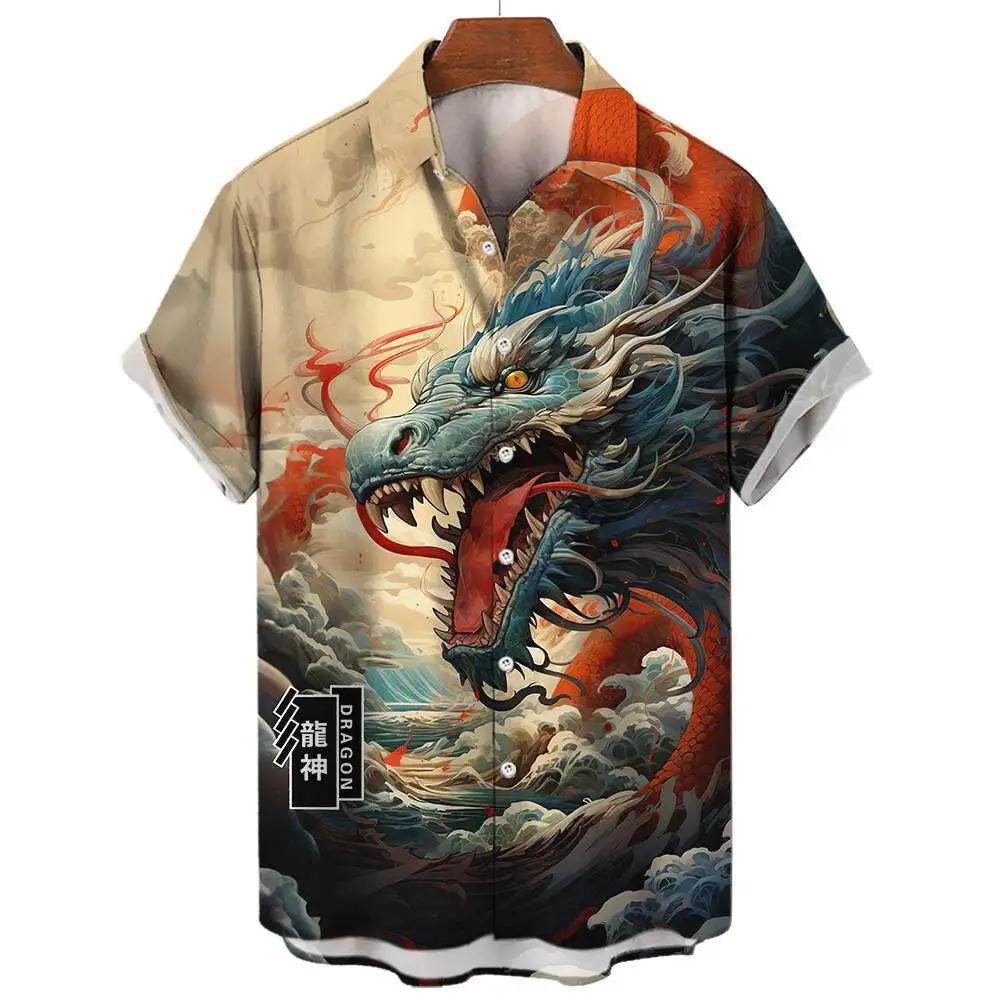 Chinese Mythology Dragon Print Summer Men's Casual Short-sleeved Shirt Street Hip-hop Trend Tops Oversized T-shirt Size S-5XL 2